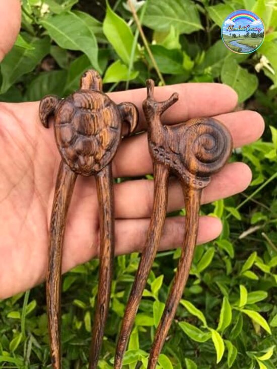 Hand Carved Wood Hair Forks Two Prong Hair Sticks for Long Hair main image 5